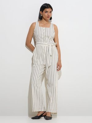 Wardrobe Off-White Striped Cotton-Blend Jumpsuit with Belt