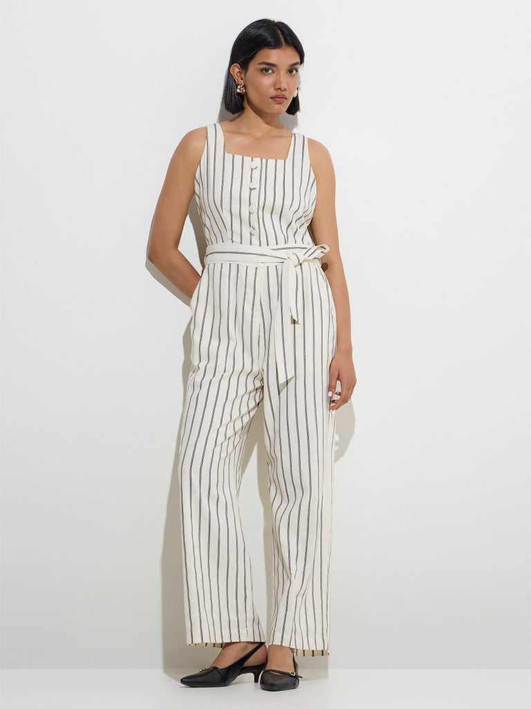 Wardrobe Off-White Striped Cotton-Blend Jumpsuit with Belt