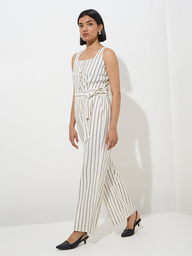 Wardrobe Off-White Striped Cotton-Blend Jumpsuit with Belt - Image 2