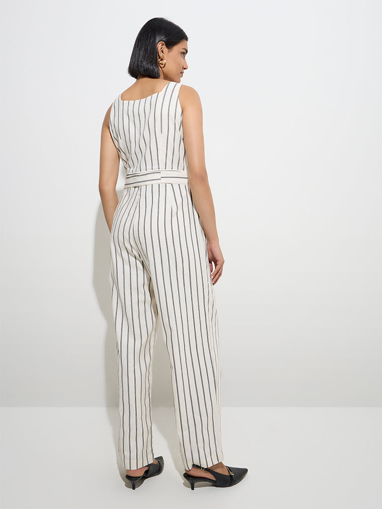Wardrobe Off-White Striped Cotton-Blend Jumpsuit with Belt - Image 4
