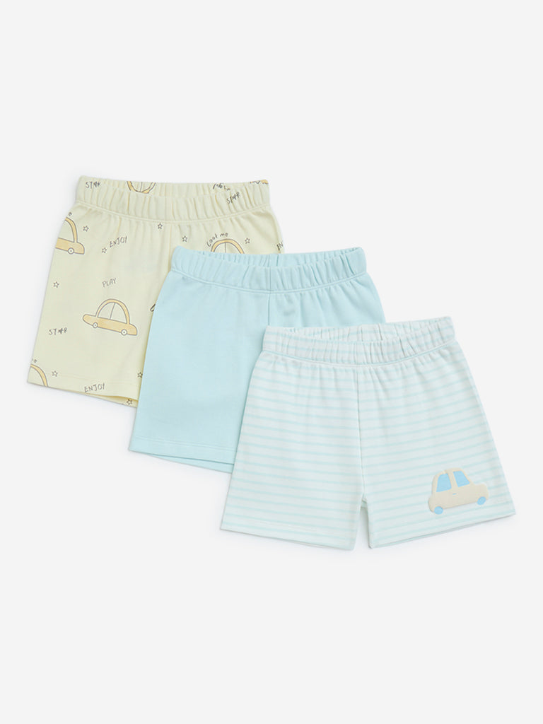 HOP Baby Blue Printed Mid-Rise Cotton Shorts - Pack of 3