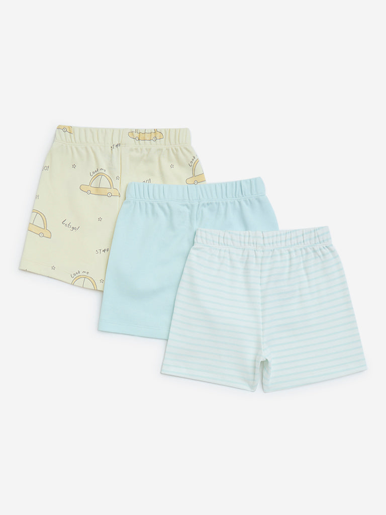 HOP Baby Blue Printed Mid-Rise Cotton Shorts - Pack of 3 - Image 2