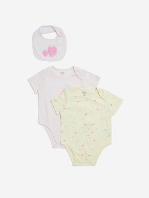 HOP Baby Pink Printed Cotton Rompers with Bib - Pack of 2