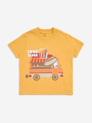 HOP Kids Orange Printed Cotton T-Shirt