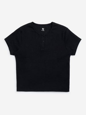 Y&F Kids Black Ribbed-Textured Cotton-Blend Top