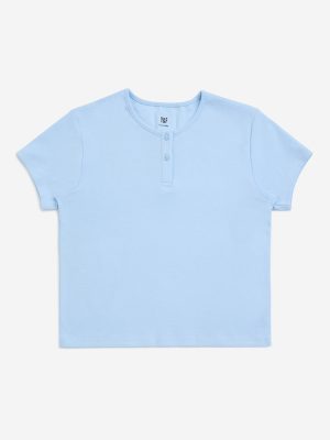 Y&F Kids Light Blue Ribbed Cotton-Blend T-Shirt