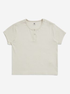Y&F Kids Beige Ribbed Textured Cotton-Blend Top