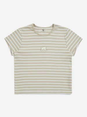 Y&F Kids Beige Stripe Printed Cotton-Blend T-Shirt