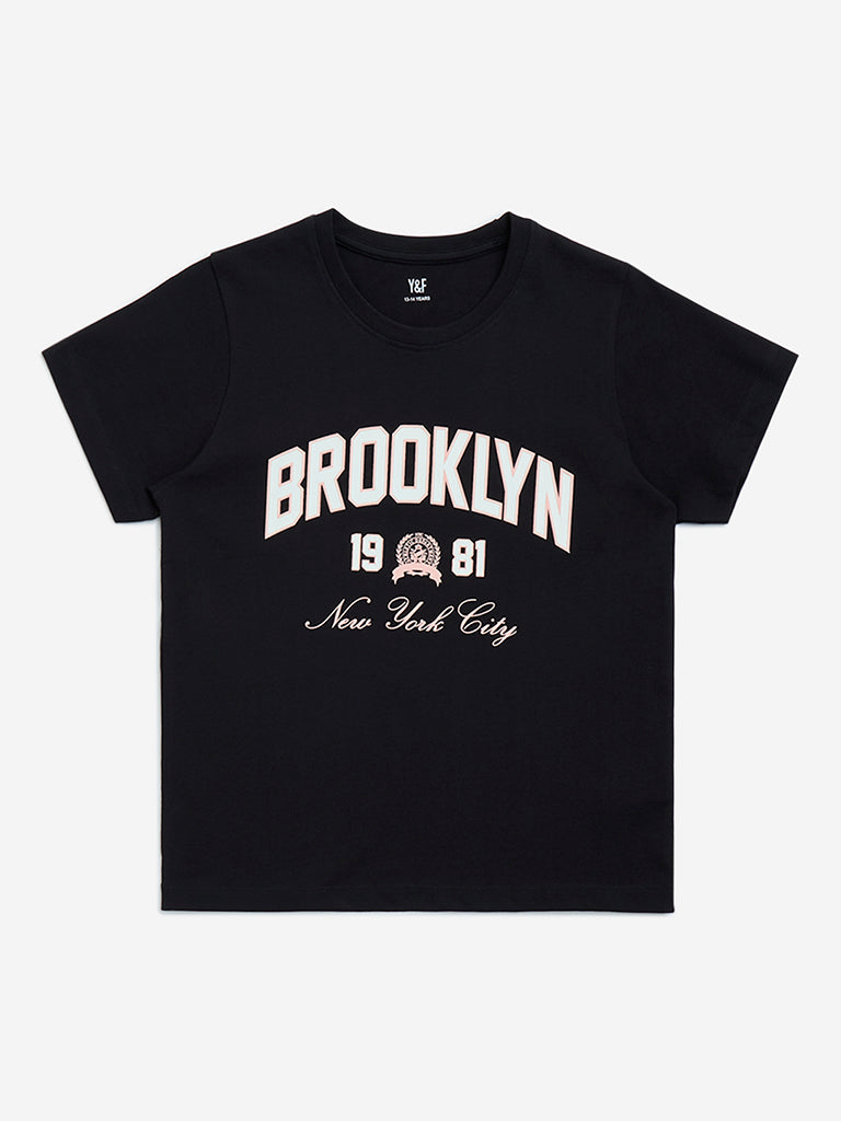 Y&F Kids Black Typographic Design Cotton T-Shirt