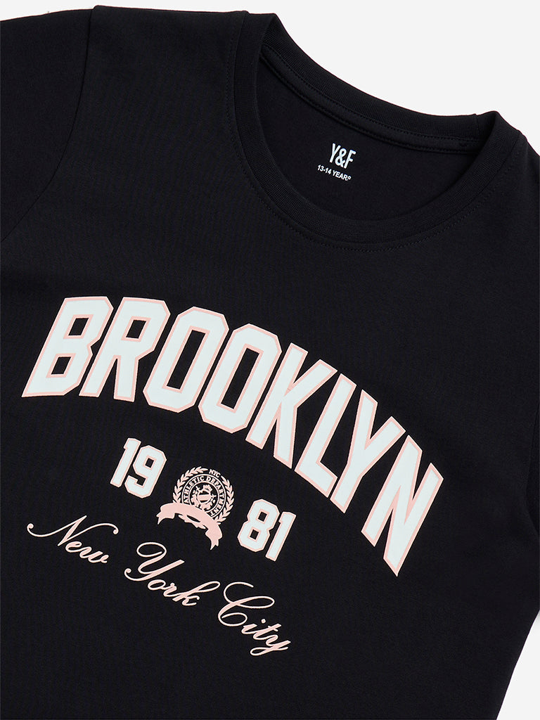 Y&F Kids Black Typographic Design Cotton T-Shirt - Image 4