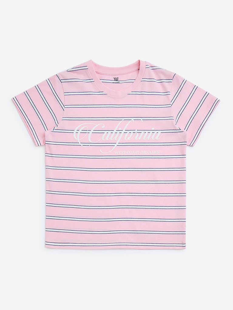 Y&F Kids Pink Striped Cotton T-Shirt