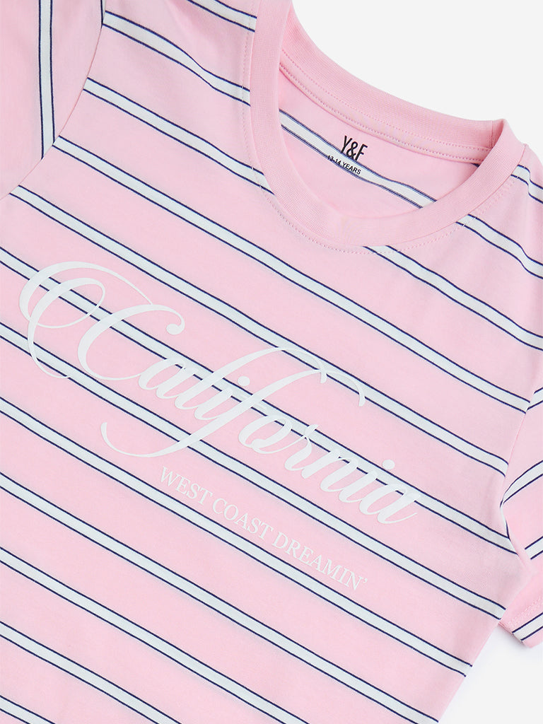 Y&F Kids Pink Striped Cotton T-Shirt - Image 4
