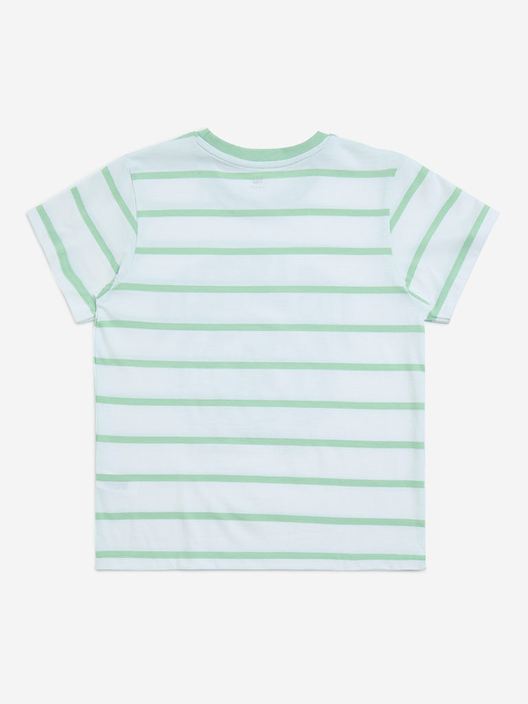 Y&F Kids Green Stripe Printed Cotton T-Shirt - Image 3