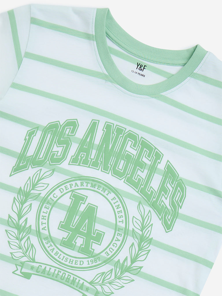 Y&F Kids Green Stripe Printed Cotton T-Shirt - Image 4