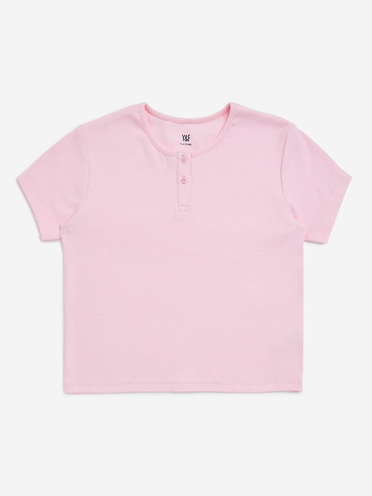 Y&F Kids Pink Ribbed Cotton-Blend T-Shirt