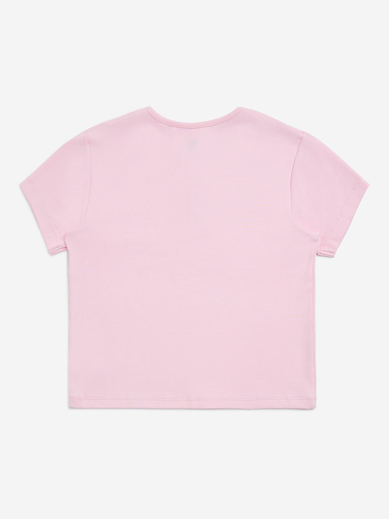 Y&F Kids Pink Ribbed Cotton-Blend T-Shirt - Image 2