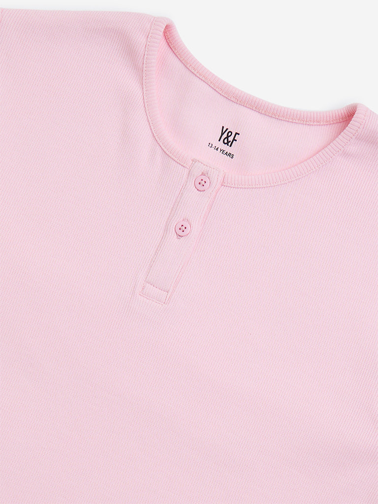 Y&F Kids Pink Ribbed Cotton-Blend T-Shirt - Image 3