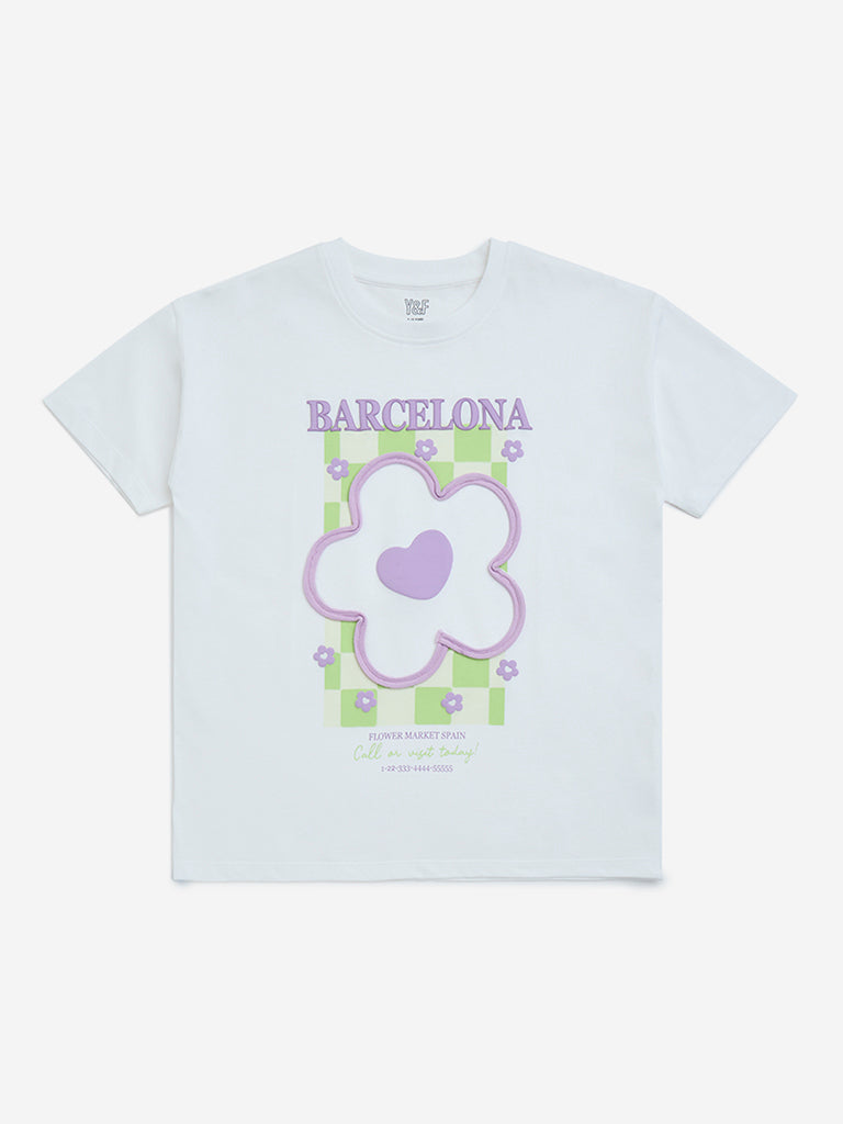 Y&F Kids White Floral Design Cotton T-Shirt