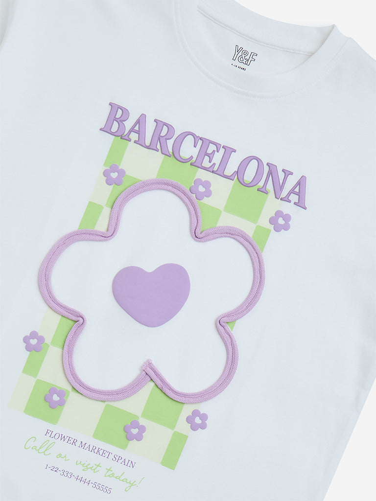 Y&F Kids White Floral Design Cotton T-Shirt - Image 3