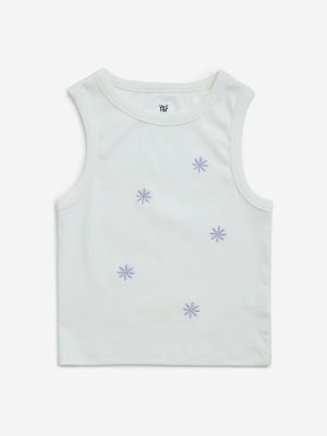 Y&F Kids White Floral Embroidered Cotton-Blend Top