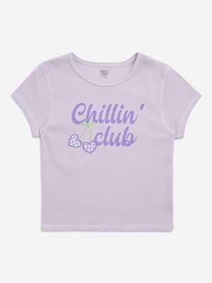 Y&F Kids Lilac Text Printed Cotton-Blend T-Shirt