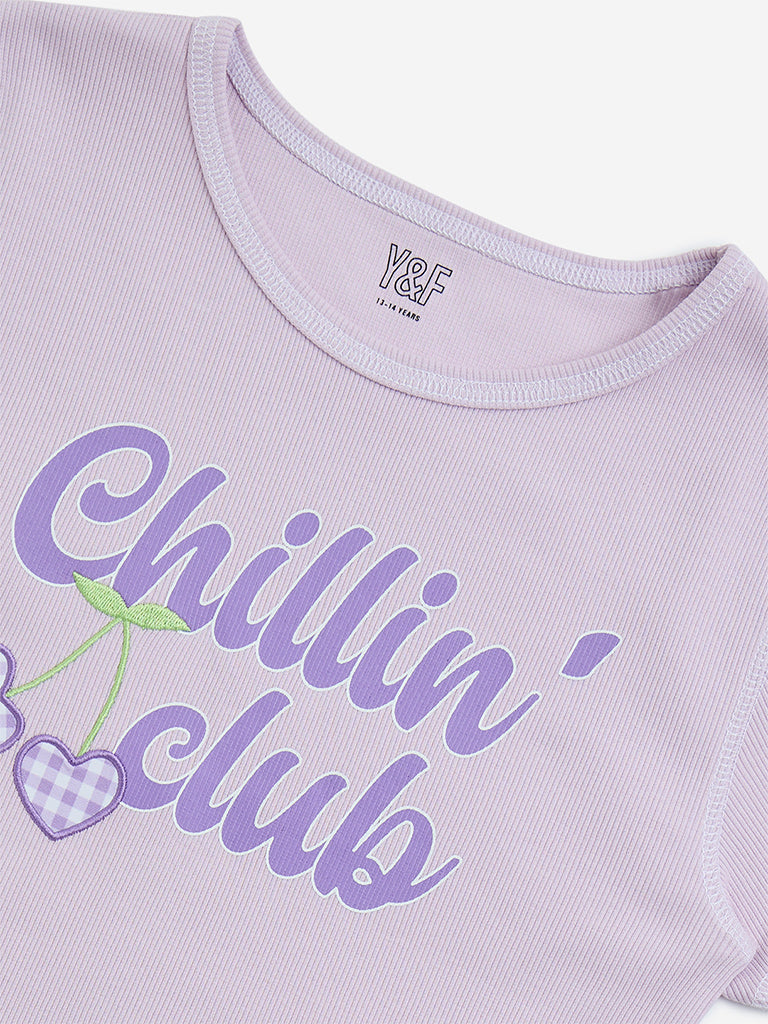 Y&F Kids Lilac Text Printed Cotton-Blend T-Shirt - Image 4
