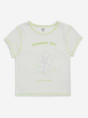 Y&F Kids Off-White Floral Pattern Cotton-Blend T-Shirt