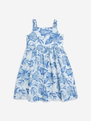 Utsa Kids Blue Sea-Shell Detailed Cotton A-Line Dress - (2-8yrs)