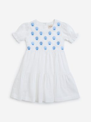 Utsa Kids White Sea-Shell Pattern Tiered Cotton Dress - (2-8yrs)