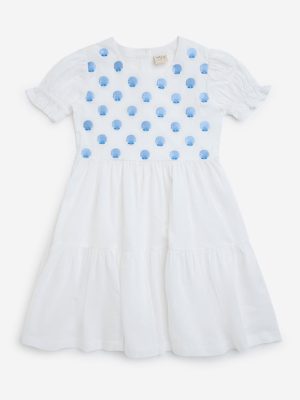 Utsa Kids White Sea-Shell Pattern Tiered Cotton Dress - (8-14yrs)