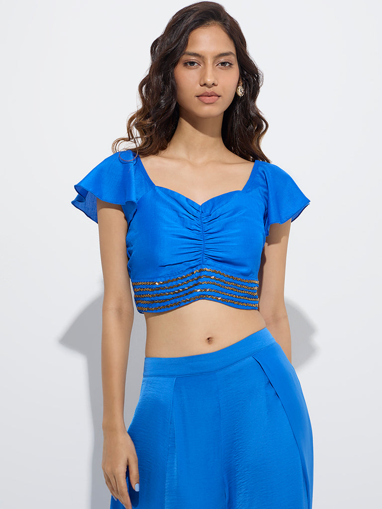 Vark Blue Ruched Detailed Embellished Ethnic Top