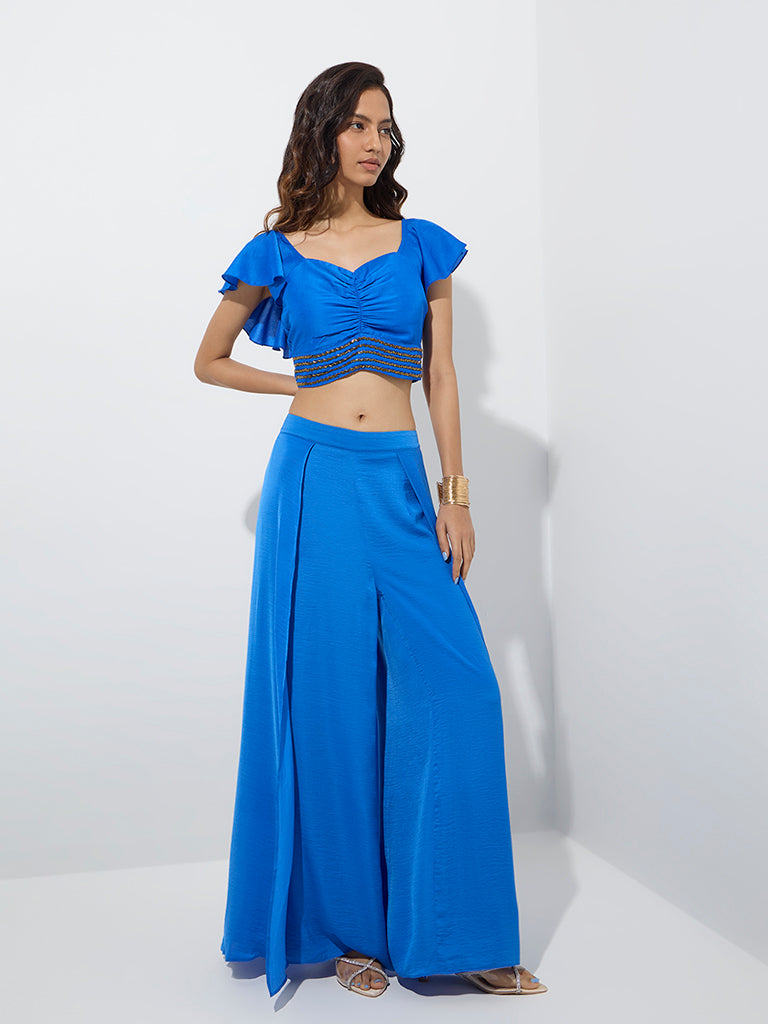 Vark Blue Ruched Detailed Embellished Ethnic Top - Image 2