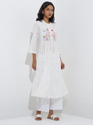 Utsa White Floral Embroidered A-Line Cotton Kurta