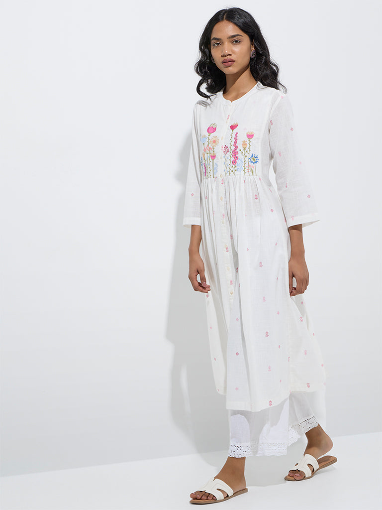 Utsa White Floral Embroidered A-Line Cotton Kurta - Image 2