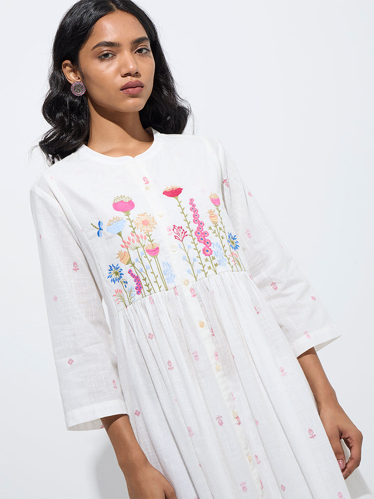 Utsa White Floral Embroidered A-Line Cotton Kurta - Image 3