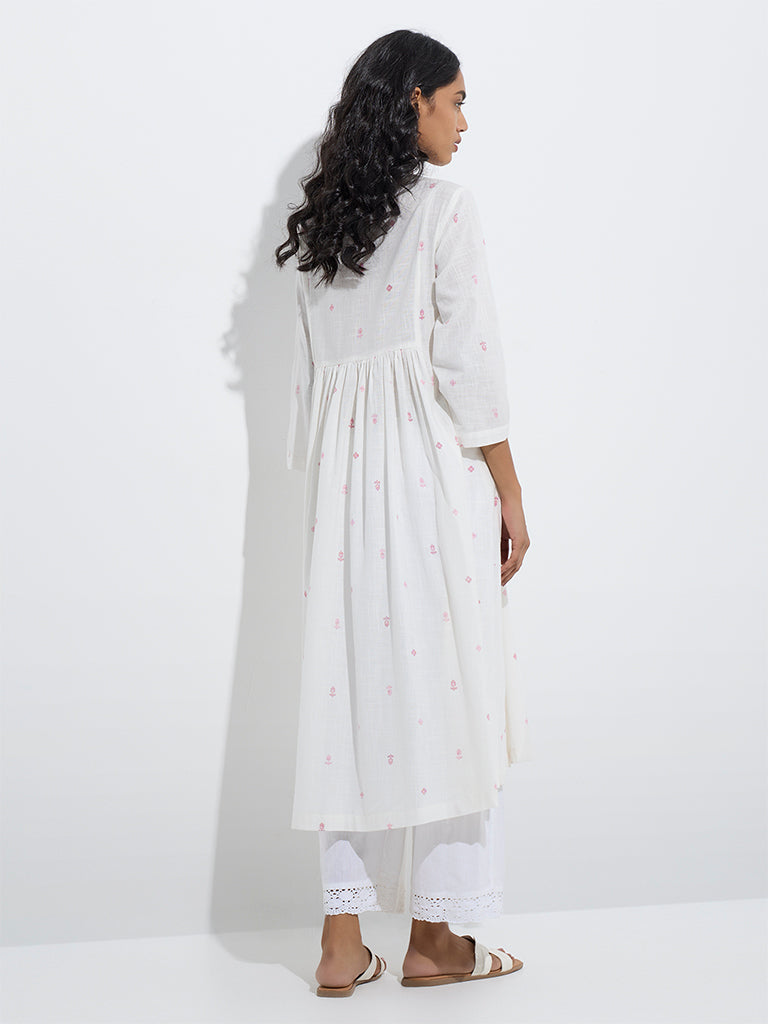 Utsa White Floral Embroidered A-Line Cotton Kurta - Image 4