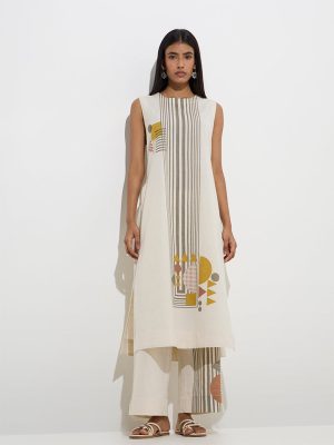 Utsa Off-White Geometric Design A-Line Cotton-Blend Kurta
