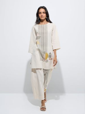 Utsa Beige Printed Cotton-Blend Kurti