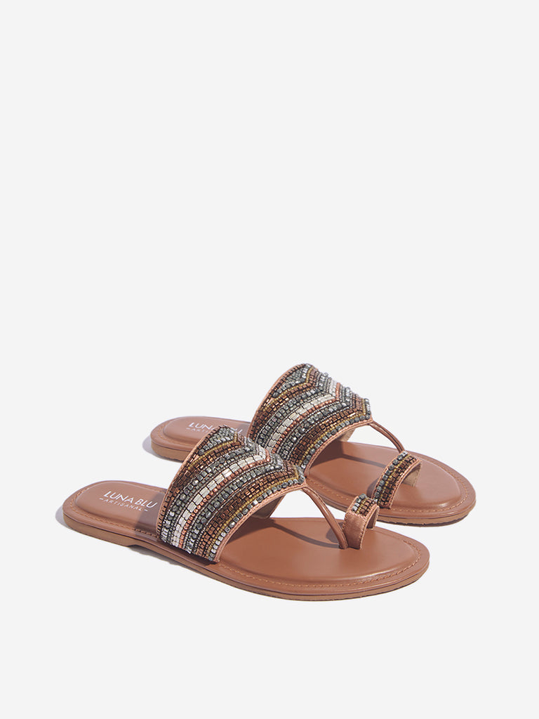 LUNA BLU Tan Embellished Toe-Ring Sandals - Image 2