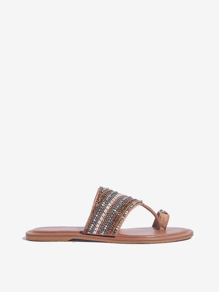 LUNA BLU Tan Embellished Toe-Ring Sandals
