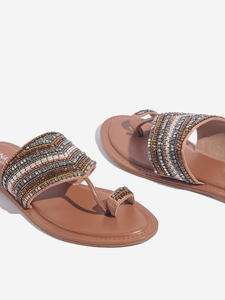 LUNA BLU Tan Embellished Toe-Ring Sandals - Image 3