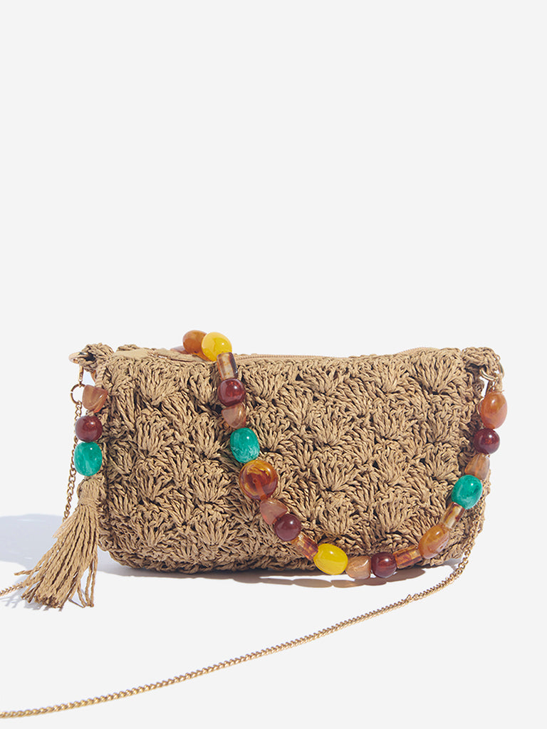 Westside Beige Raffia Beaded Sling Bag