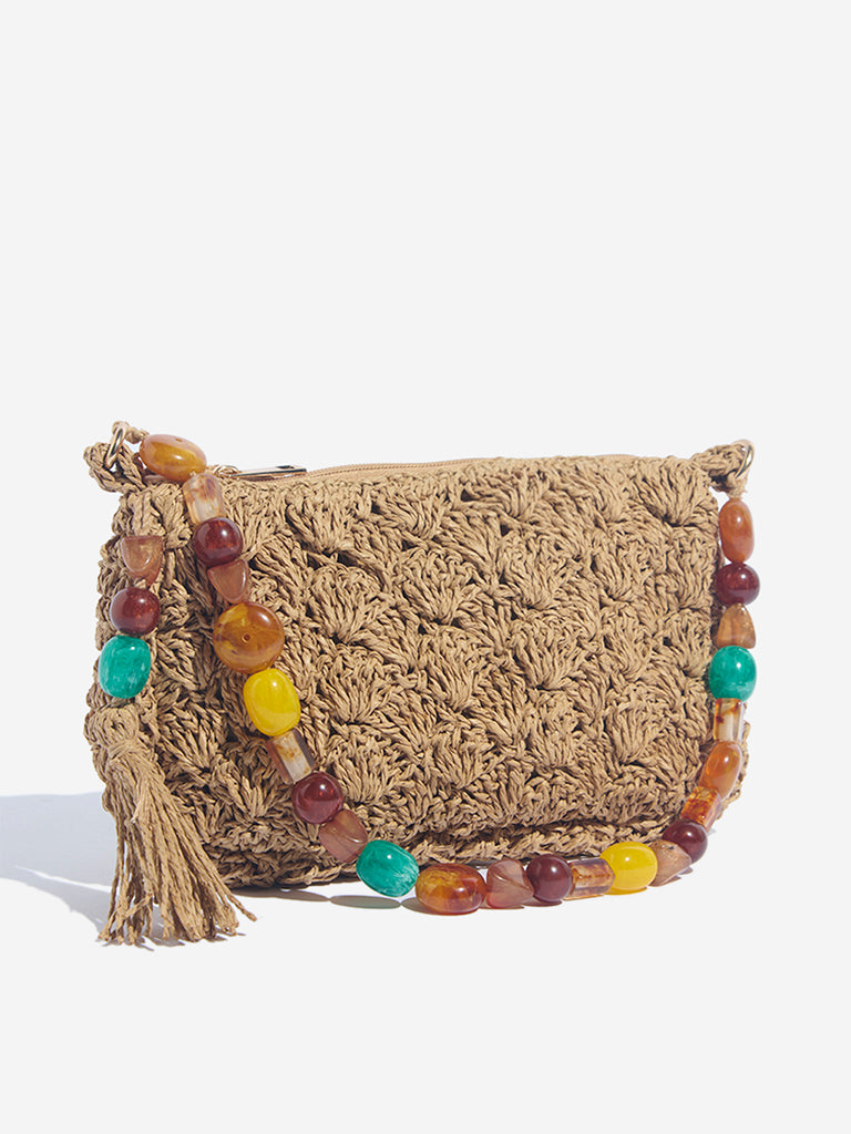 Westside Beige Raffia Beaded Sling Bag - Image 2