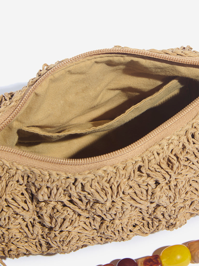 Westside Beige Raffia Beaded Sling Bag - Image 3