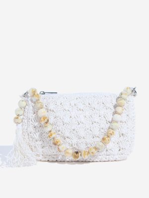 Westside White Raffia Beaded Sling Bag