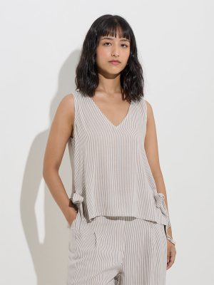 LOV Taupe Stripe Patterned Top