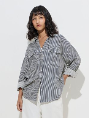 LOV Navy Stripe Printed Shirt