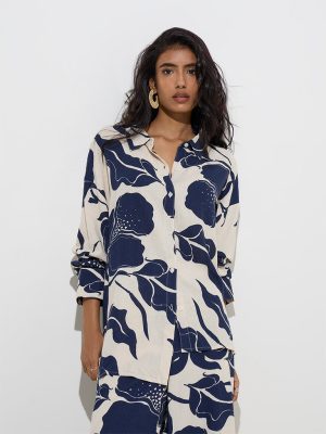 LOV Navy Botanical Design Cotton-Blend Shirt