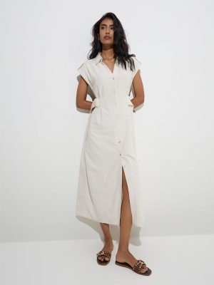 LOV Off-White Solid Linen-Blend Shirt Dress with Belt