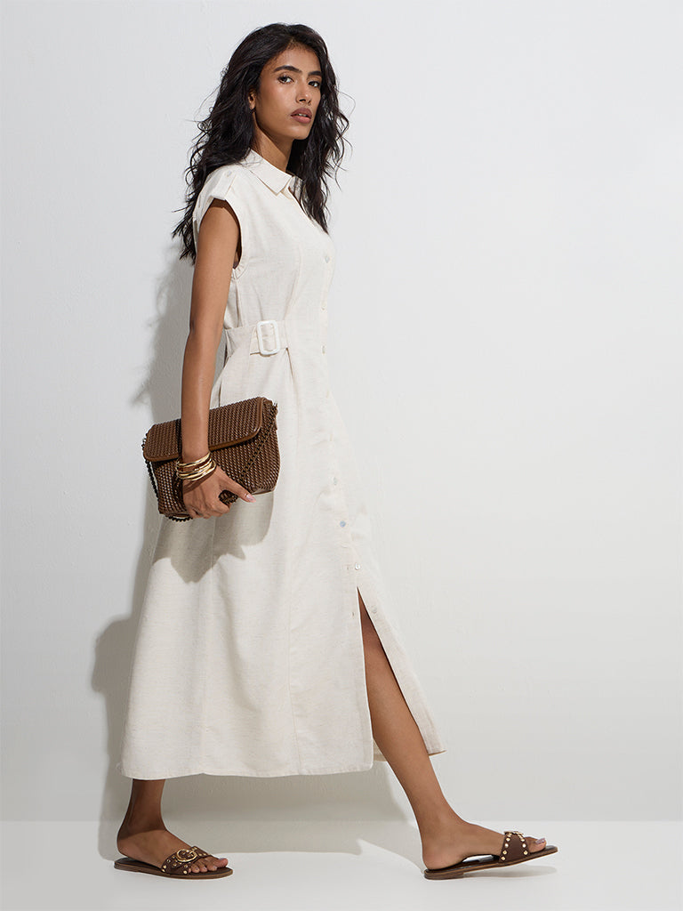 LOV Off-White Solid Linen-Blend Shirt Dress with Belt - Image 2